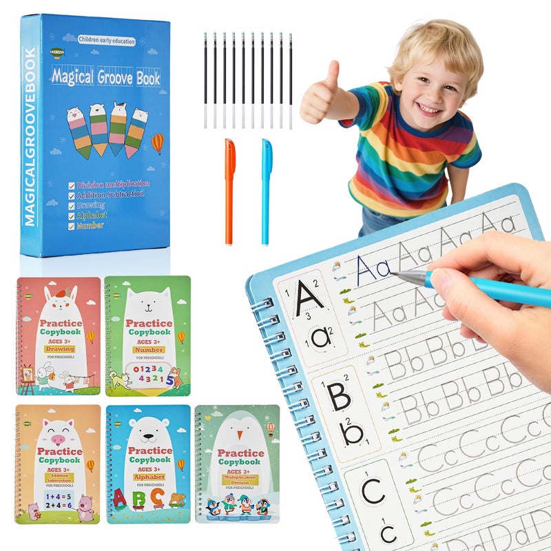 QMUBOT Magic Grooved Writing Books for Kids-Handwriting Practice for Kids 5-8 - Tracing Books for Kids Ages 3-5 - Preschool, Kindergarten Learning-Letters, Numbers, Math, Drawing (Blue Box, 9.45 in x 6.5 in) - Image 1